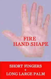 Fire hand shape: short fingers + long large palm.