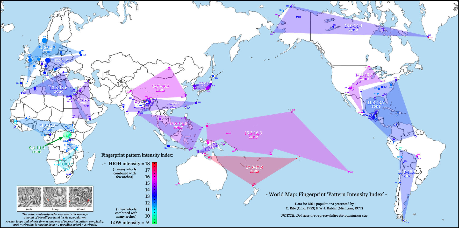 Fingerprint world map: pattern intensity index.