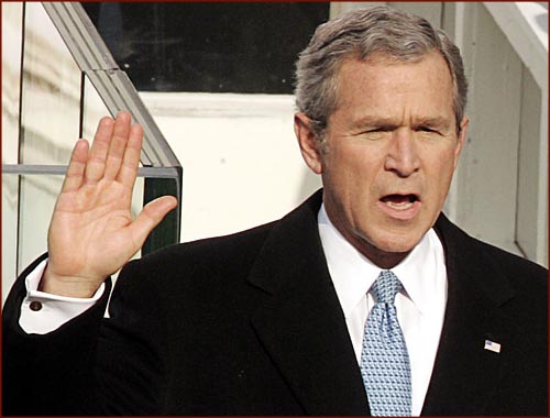 US president George W. Bush: inauguration photo of his right hand.