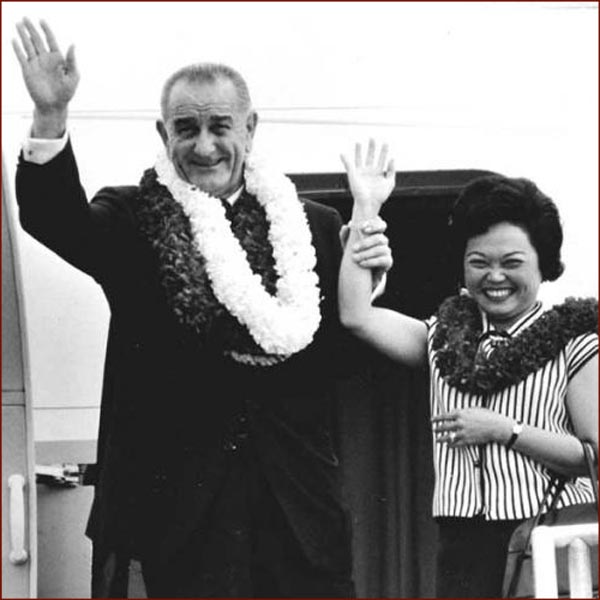 Former US president Lyndon Johnson & Patsy Takemoto Mink right hand waving photo