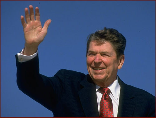 Former US president Ronald Reagan: hand waving photo of his right hand