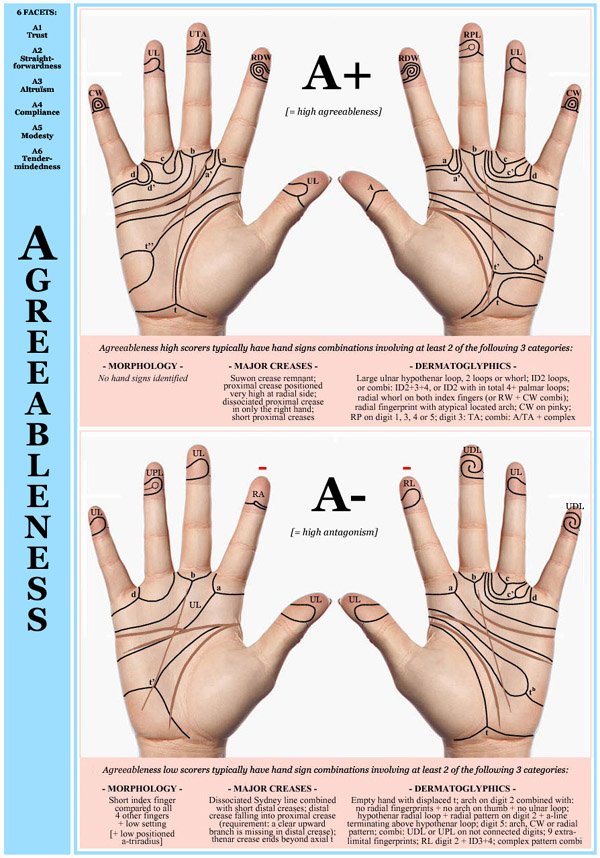 Hand chart for the Big Five dimension Agreeableness - 6 facets: A1 Trust, A2 Straightforwardness, A3 Altruäsm, A4 Compliance, A5 Modesty, A6 Tendermindedness.