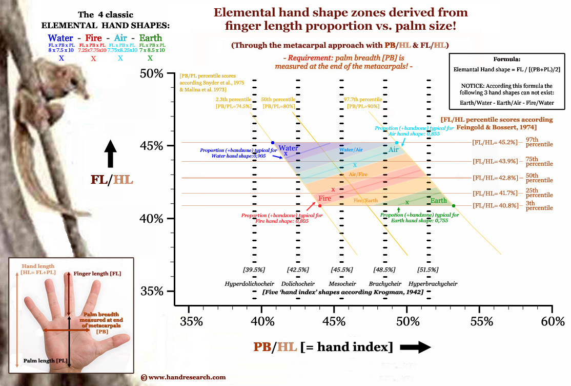 Elemental hand shape assessment 2.0: finger length vs palm size (earth, earth-fire, fire, fire-air, air, air-water, water).