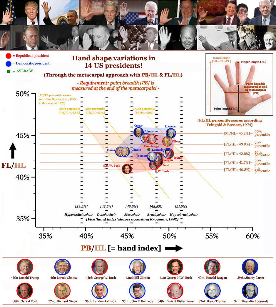 Hand shape variations in 14 US presidents.