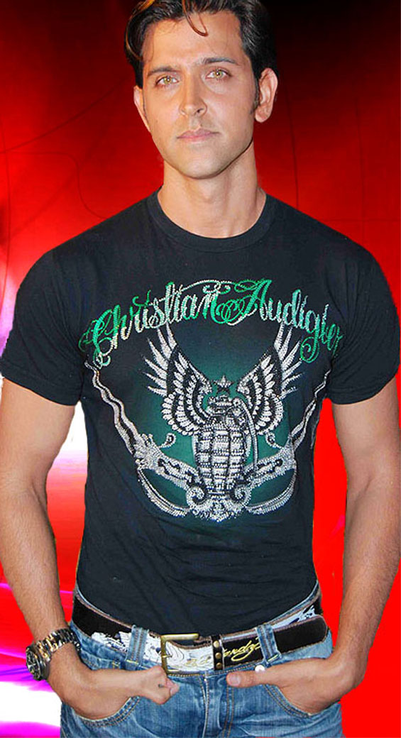 Hrithik Roshan thumb - cool with jeans + christian audigier T-shirt.