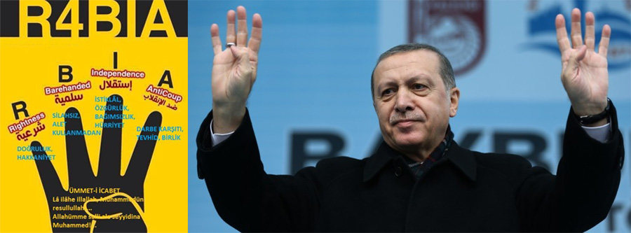 R4BIA 4 sign (a.k.a. four finger salute) has repeatedly been made by Recep Tayyip Erdogan since 2013.