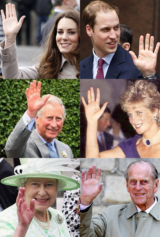 The Royal family of Wales: Prince William & Kate Middleton, Prince Charless & Diana, and Queen Elizabeth II & Prince Phillip.